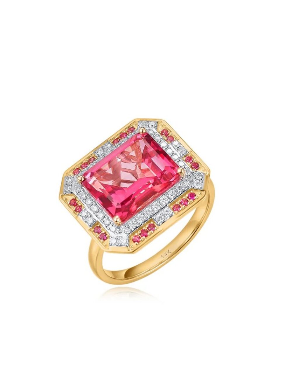 Pink Sapphire 14K (or 18k upon request) Yellow Gold Tourmaline Diamond Halo Ring